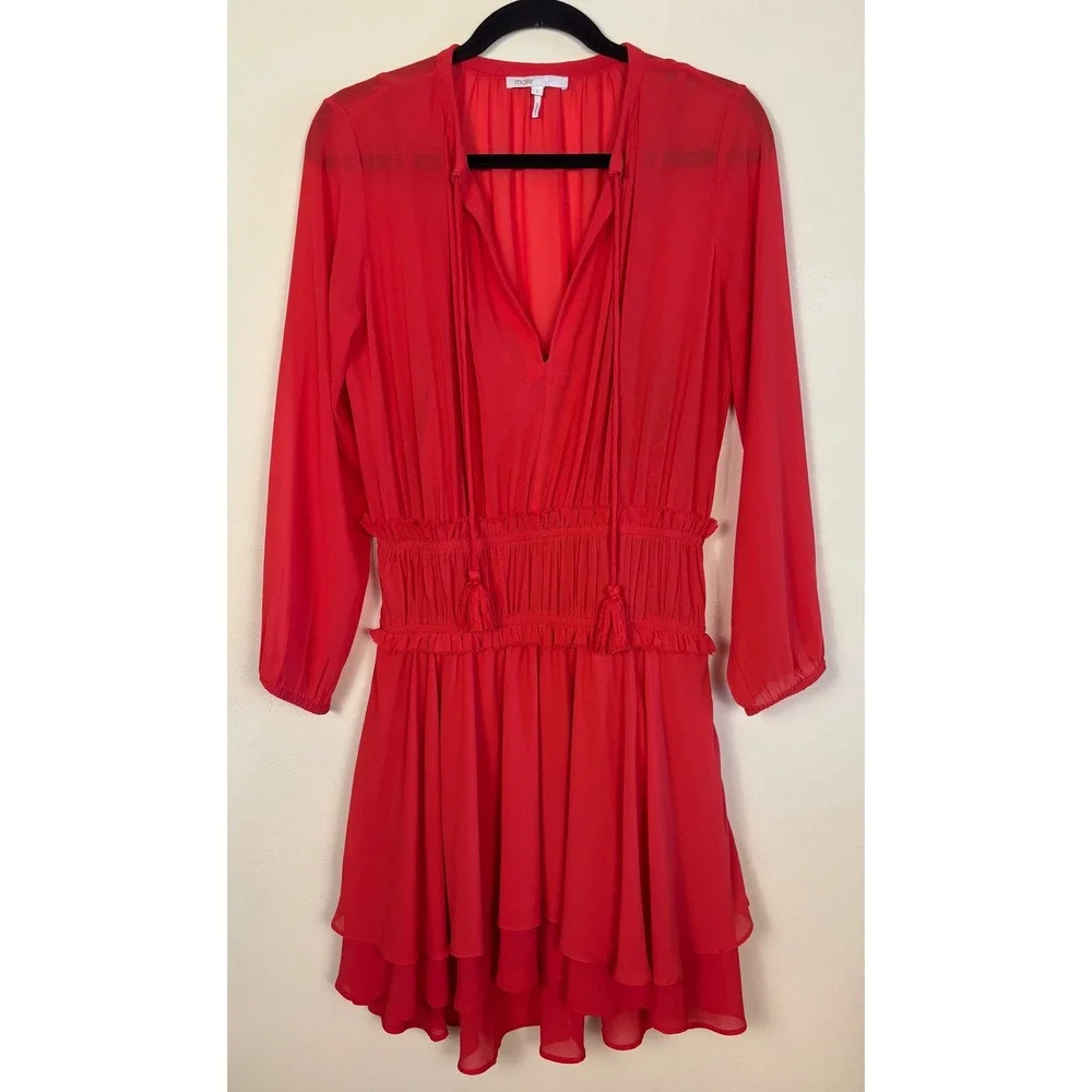 MAJE Rulla Shirred Waist Mini Dress Red Women Size 1 Small Ruffle Skirt Slip